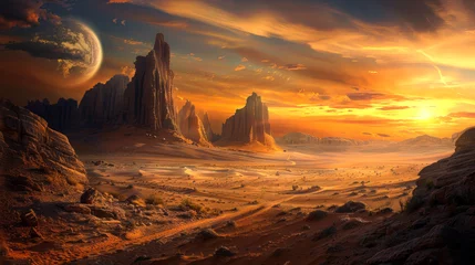 Foto auf Acrylglas A desert landscape with a large rock formation and a planet in the background © Toey Meaong