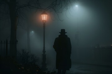 Mężczyzna idący spowitą we mgle aleją parkową w świetle lamp o zmroku - obrazy, fototapety, plakaty