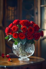 Bukiet czerwonych róż w wazonie - obrazy, fototapety, plakaty