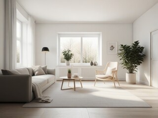 A virtual reality room with a minimalist Scandinavian-inspired interior design, featuring clean lines, neutral tones, and cozy furnishings.