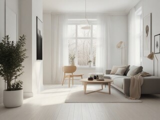 A virtual reality room with a minimalist Scandinavian-inspired interior design, featuring clean lines, neutral tones, and cozy furnishings.