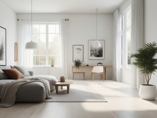 Fototapeta premium A virtual reality room with a minimalist Scandinavian-inspired interior design, featuring clean lines, neutral tones, and cozy furnishings.