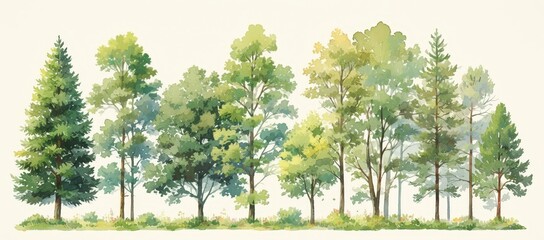 A watercolor illustration of a row of trees with various colors and shapes