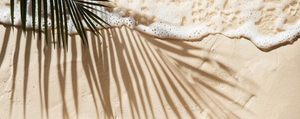 Beige sand background with palm leaf shadow and sea foam texture. summer beach concept, top view