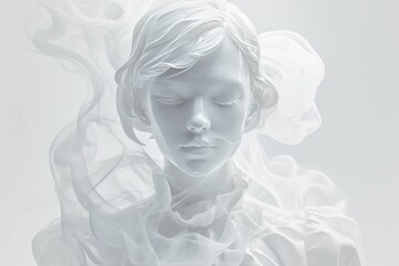 A white marble statue of an albino woman with short hair, surrounded by swirling smoke and mist