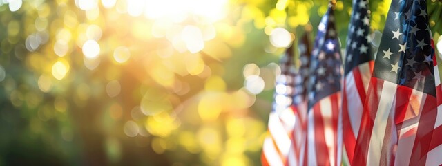 American flags on a blurred background, National holiday concept