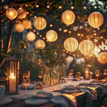 Sch&ouml;ne Dekoration mit Lampions f&uuml;r eine Gartenparty
