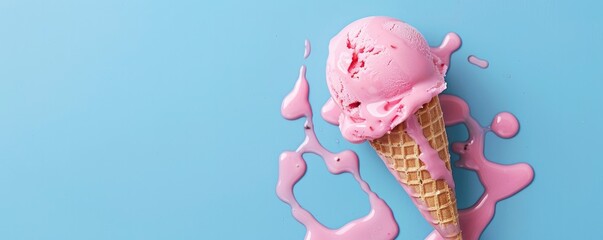 pink ice cream melting on blue background