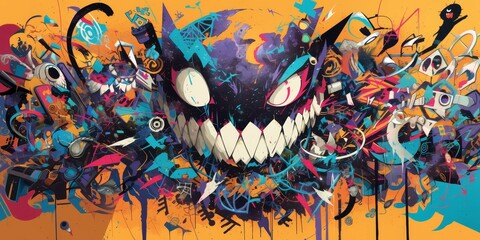Modern street art mural of an evil cartoon character with big eyes, wide grin and crazy teeth, surrounded by various symbols of technology and chaos. 