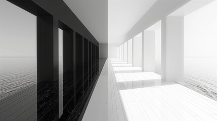 Monochrome photo of symmetrical hallway between two buildings