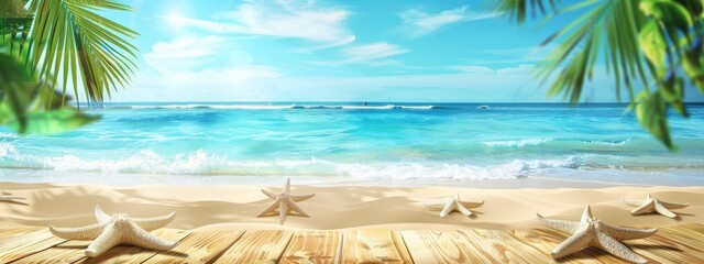 Fototapeta na wymiar Sunny tropical beach with wooden planks and starfish, blue ocean background with palm leaves. A summer vacation concept scene of tropical island