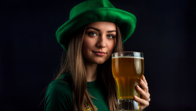Cheerful Young Woman in Green Attire Celebrating St. Patrick's Day with a Pint of Beer