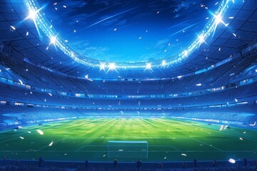 soccer stadium at night with lights shining on the grass and fans cheering in the background - obrazy, fototapety, plakaty