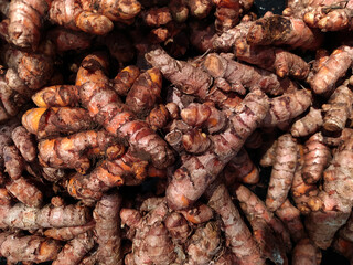 Curcuma longa turmeric roots close-up stacked pile on a market stall
