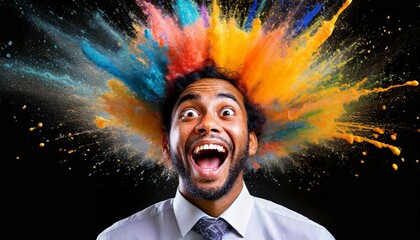 Man surprised with a creative colorful chalk and paint explosion of creativity. Symbol of creativity and new ideas. Excitement and "mind blown" imagery.
