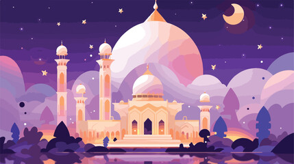 Eid mubarak mosque card vector illustration 2d flat - obrazy, fototapety, plakaty