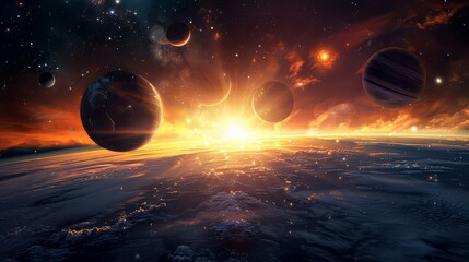 A breathtaking panorama of a planetary system, with multiple planets orbiting a distant star and casting shadows against the cosmic backdrop.