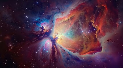 A breathtaking panorama of the Orion Nebula, with its glowing clouds of gas and dust  by the light of young stars.