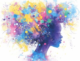 A silhouette of the head with curly hair and colorful paint splashes in the watercolor background