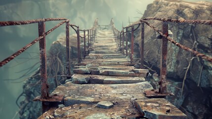 A broken bridge spanning a chasm, representing the shattered connections and fractured...