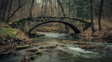 A broken bridge spanning a gentle stream, symbolizing the shattered connections and barriers within...