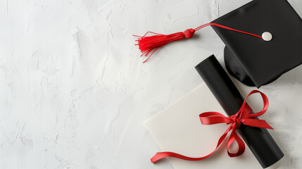 Graduation cap and diploma web banner, graduation mortar hat and degree on white panoramic background with copy space.