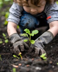 Close up of child hands planting tree in soil