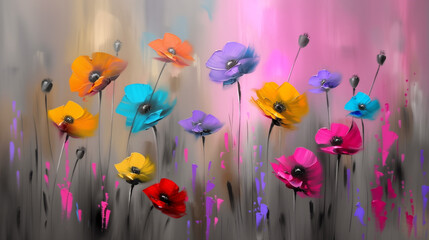 oil painting colorful wildflowers on canvas as backround.