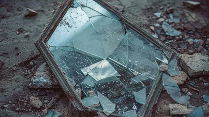 A broken mirror lying shattered on the ground, symbolizing fractured thoughts and shattered illusions. - obrazy, fototapety, plakaty
