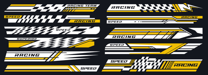 Motorsports racing set labels colorful - obrazy, fototapety, plakaty