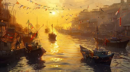 Schilderijen op glas A bustling harbor at sunrise, with fishing boats and sailboats bobbing gently in the water, their colorful hulls and fluttering flags adding to the vibrant energy of the waterfront. © Haseeb