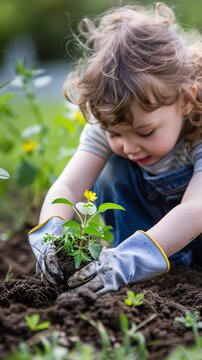 Close up of child hands planting vegetables in soil
