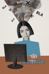 Vertical photo collage of tired girl sit computer table keyboard video call communication exhausted...