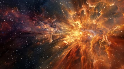 A captivating view of a massive supernova explosion, with shockwaves rippling through space and illuminating the surrounding nebula with fiery hues.