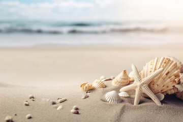 Summer time concept with seashells and starfish on beach sand, sea waves blurred on background, perspective view. Sea summer holidays, vacation memories. - obrazy, fototapety, plakaty