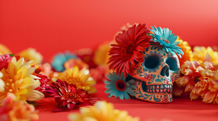 Side view of sugar skull decorated in the style of flowers. Red background with copy space. Cinco de mayo. The day of the dead. Dia de los Muertos. Halloween