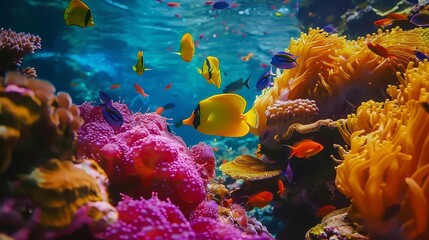 A colorful array of tropical fish, swimming among the vibrant corals of a bustling reef ecosystem in the warm waters of the ocean.