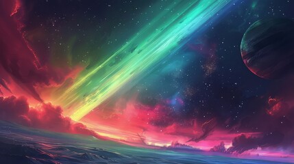 A colorful aurora shimmering in the atmosphere of a distant planet, with hues of green, red, and purple lighting up the sky.
