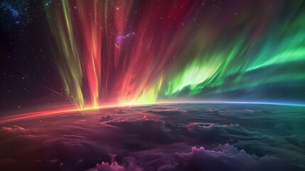 A colorful aurora shimmering in the atmosphere of a distant planet, with hues of green, red, and purple lighting up the sky. - Powered by Adobe