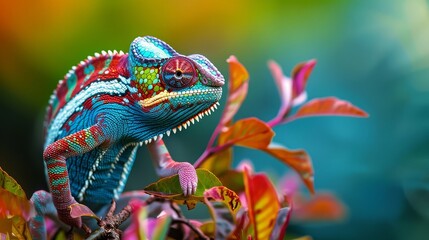 A colorful chameleon, blending seamlessly into its surroundings with its ability to change colors...