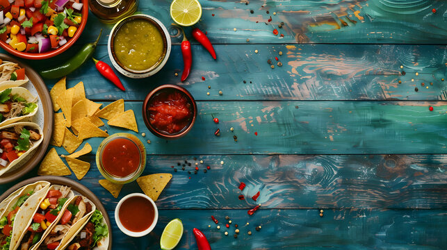 Mexican food on a wooden table, tacos with chicken and vegetables, chips in a plate, red sauce, peppers, tortillas, corn cones, lime juice, bottles of tequila shot. Cinco de mayo. The day of the dead 