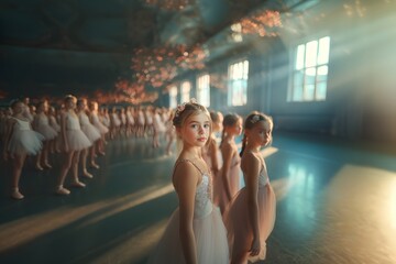 Obraz na płótnie Canvas group of ballerina children in a big room