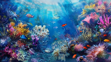 Fototapeta na wymiar A colorful coral reef, teeming with life as schools of tropical fish dart among the vibrant corals and swaying sea fans.