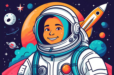 Portrait of a smiling astronaut against a background of space. Illustration for space