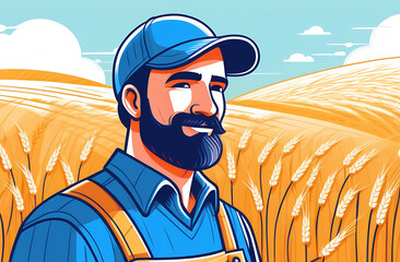 Portrait of a farmer in a blue cap against a background of ripe wheat fields