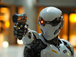 Dangerous Humanoid robot android holding a gun weapon