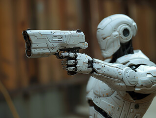 Dangerous Humanoid robot android holding a gun weapon