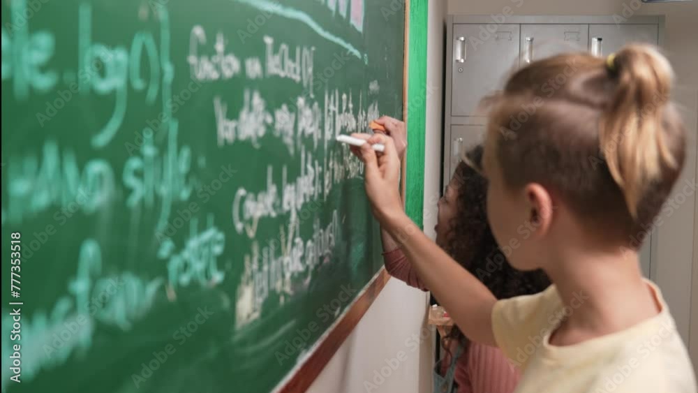 Poster diverse student studying coding engineering prompt while writing answer on blackboard. intelligence 