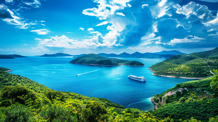 Fototapeta na wymiar A vast body of water surrounded by vibrant, green hills in the tropical bay, with a cruise ship sailing peacefully