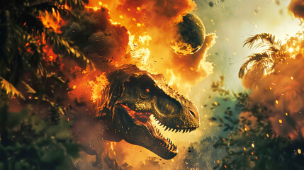 A dinosaur standing in a forest with a fiery explosion in the background